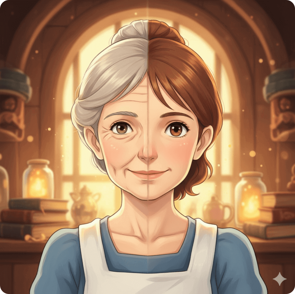 alt="하울의 움직이는 성에서 소피가 노인과 소녀 모습이 교차하는 장면을 표현한 일러스트"