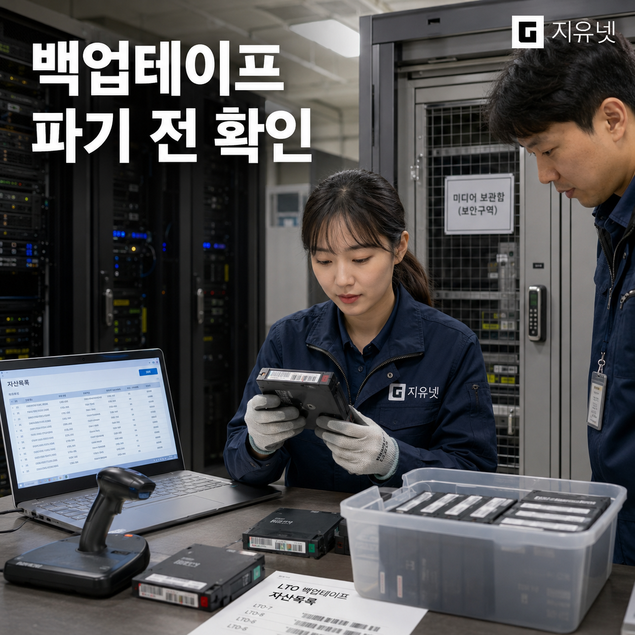 서버 반출 후 금고에서 발견된 백업테이프를 파기 전 수량과 라벨 기준으로 확인하는 장면