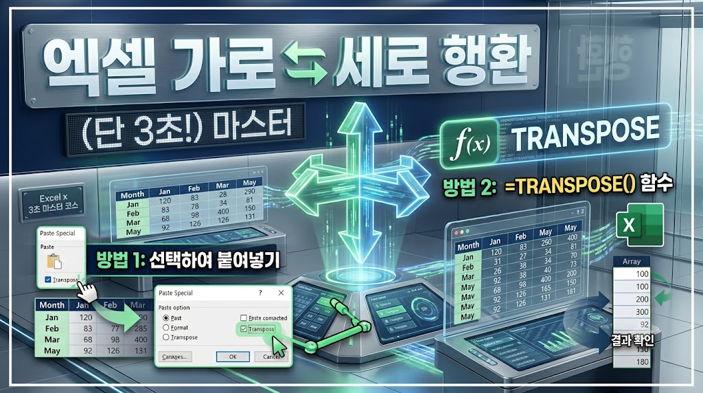 엑셀 선택하여 붙여넣기 대화상자에서 행열 바꿈 체크박스 옵션 화면