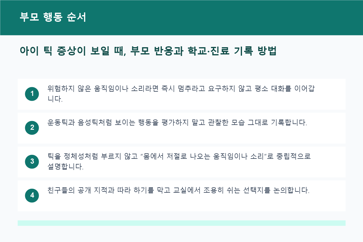 아이 틱 증상 관찰부터 학교 협력과 진료 상담까지 순서도