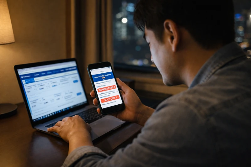 오사카의 밤 호텔 객실에서 30대 한국인 남성 여행객이 책상에 앉아 스마트폰으로 유니버설 스튜디오 재팬 익스프레스 패스 매진 화면을 확인하고, 옆의 노트북에는 항공권 예약 페이지가 열려 있는 모습