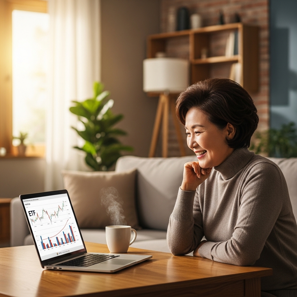 노트북을 보며 미소짓는 시니어 여성