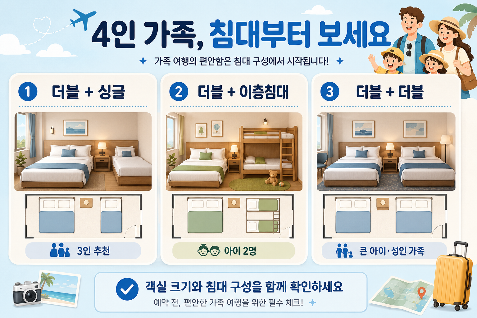 가족여행 가성비 호텔에서 더블 싱글 이층침대 더블베드 두개 객실 구성을 비교한 이미지