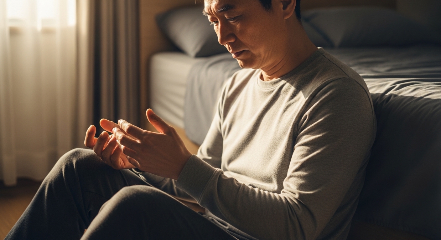 침대 옆에 앉아 자신의 손을 바라보는 남성