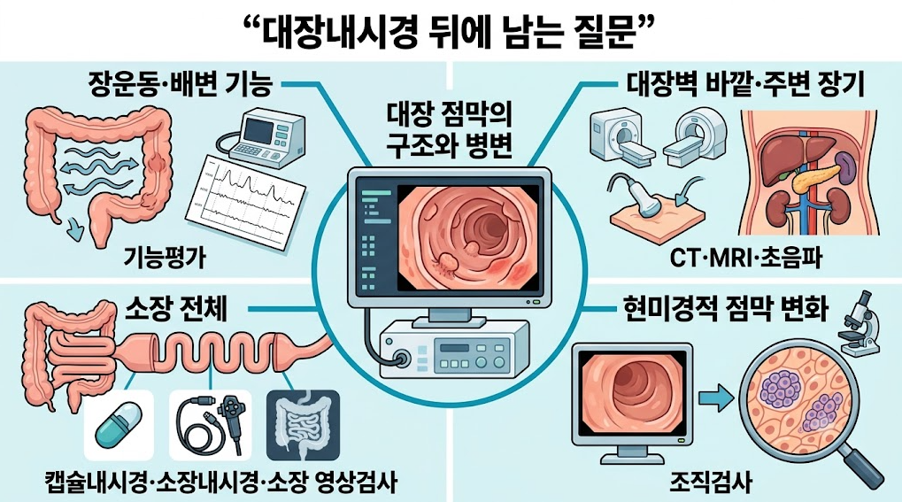 장운동·배변 기능, 대장벽 바깥 구조, 소장 전체, 현미경적 점막 변화 등 대장내시경 검사 외에 추가 정보가 필요한 경우의 검사 연계 인포그래픽