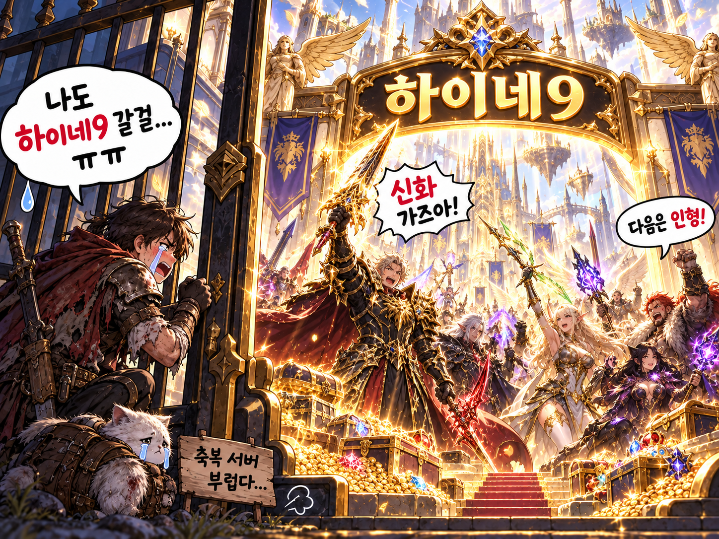 하이네9 성문 안에서 리니지M 분위기의 고스펙 캐릭터들이 신화와 다음 인형 타이틀을 외치며 축제를 벌이고, 성문 밖에서는 한 유저가 &ldquo;나도 하이네9 갈걸&rdquo;이라며 눈물 흘리는 모습을 담은 웹툰 이미지