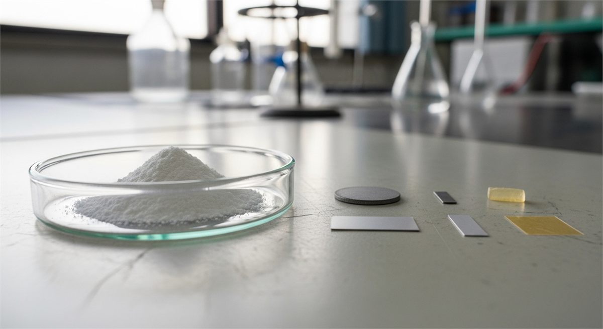 리튬 원료 샘플을 가까이 담은 실험실 장면