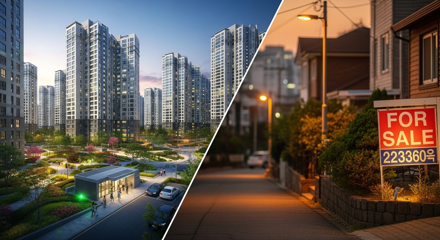 대조적인 두 한국 주택 시장: 활기찬 수도권 아파트와 신중한 지방 주택 시장, 부동산 차별화 현상 표현