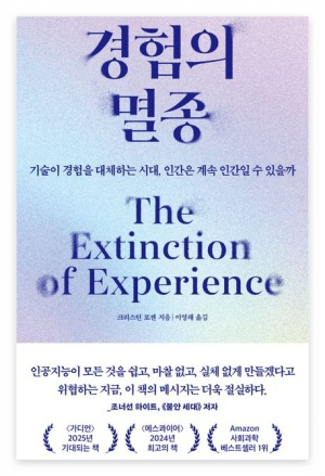 푸른 그러데이션 배경에 서정적인 서체로 쓰인 인공지능 시대의 인간성에 관한 책 표지