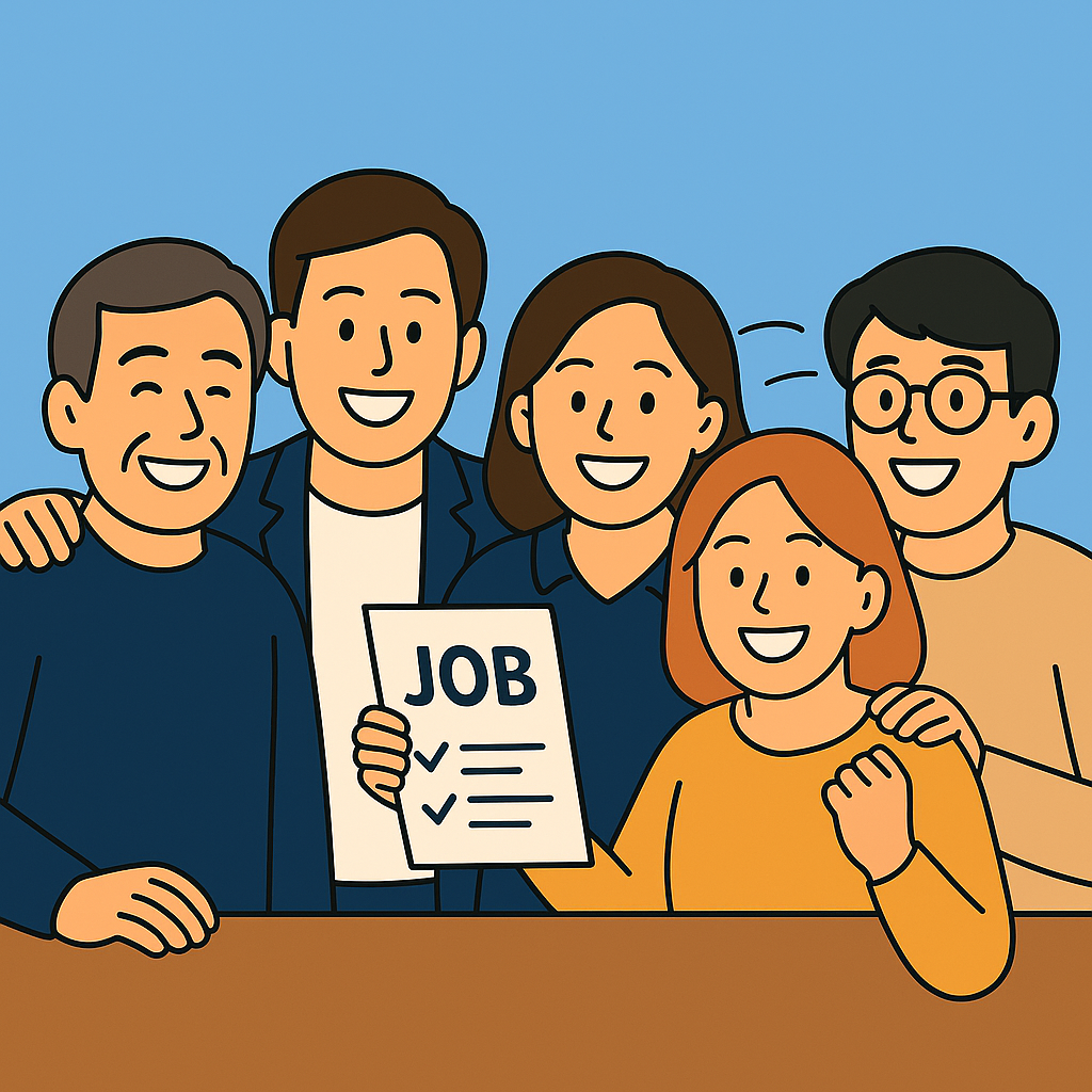 연령대와 성별이 다양한 5명의 구직자가 나란히 서서 환하게 웃고 있는 일러스트. 서로 다른 복장을 입고 있으며, 따뜻하고 희망찬 분위기가 느껴지는 장면.