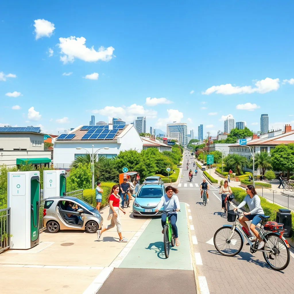 전기차 충전소, 수소차, 공유 자전거 등을 이용하는 사람들이 활기차게 움직이는 도심의 모습입니다. 깨끗하고 활기찬 도시의 일상을 강조합니다.