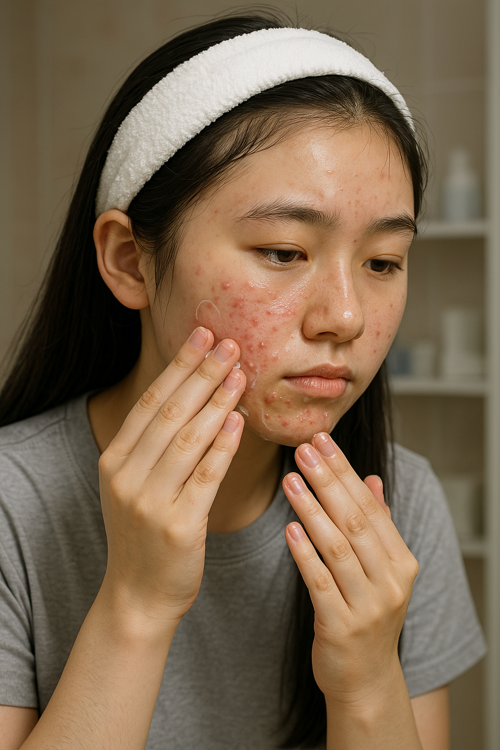 화농성 여드름을 케어하고 있는 여자 고등학생