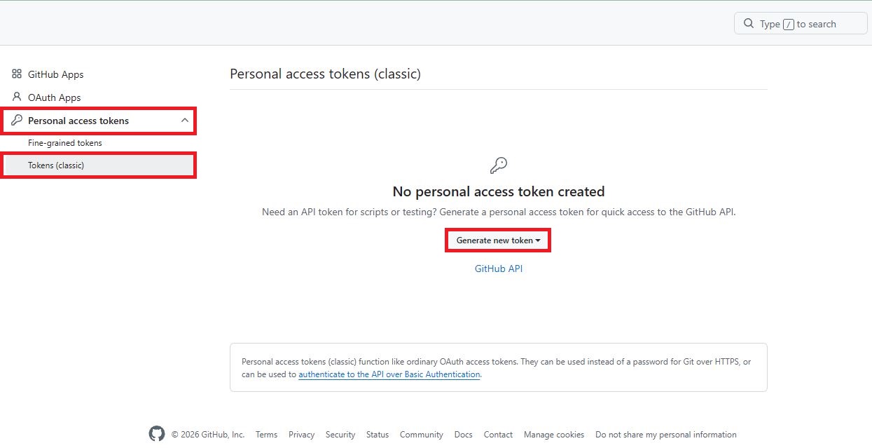 GitHub 웹사이트 Developer Settings에서 Personal access tokens 발급 메뉴를 선택하는 화면