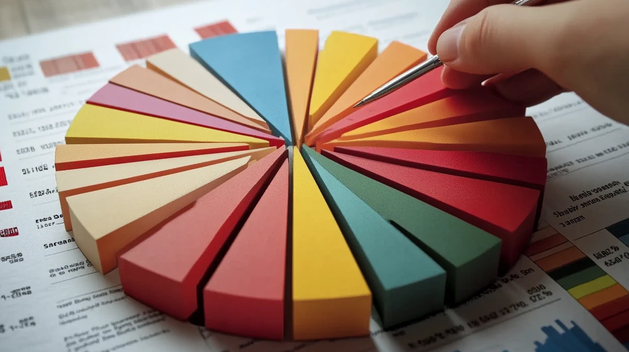 이 이미지는 자연광 아래 다양한 색상의 섹션으로 주식, 채권, 기타 자산을 나타내는 ETF 투자 포트폴리오를 보여줍니다. 포트폴리오의 다양성과 균형을 강조합니다.