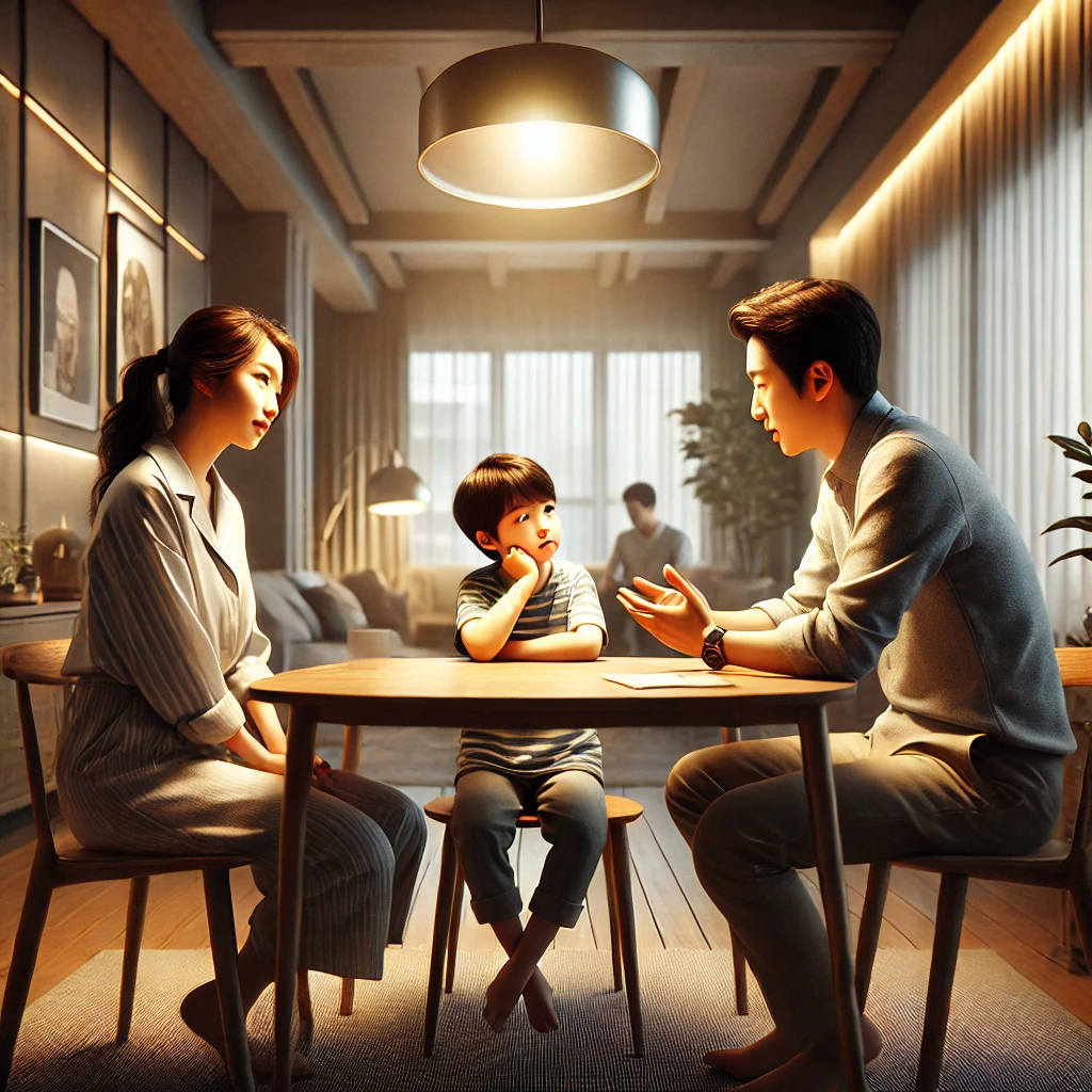 아이에게 공감과 배려의 중요성을 가르치는 따뜻하고 세심한 순간을 묘사하고 있습니다.