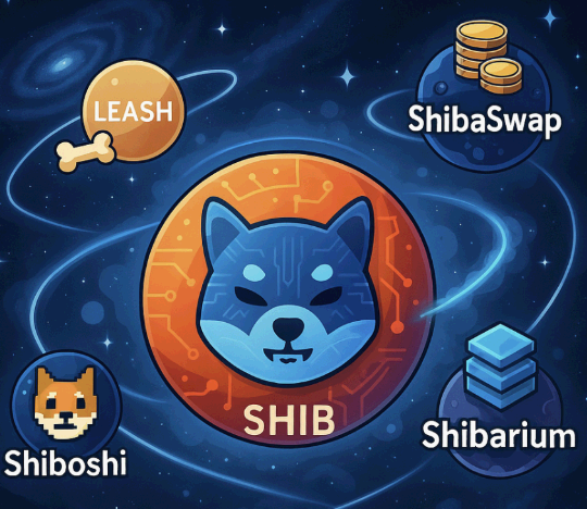 &lsquo;SHIB, LEASH, ShibaSwap, Shibarium, Shiboshi&rsquo;로 구성된 시바이누 생태계를 표현한 대표 이미지. 이 이미지는 시바이누 코인이 단순한 밈을 넘어, 다양한 토큰 구조와 디파이, NFT, 메타버스 기능을 갖춘 복합 생태계로 발전했음을 시각적으로 보여주며, 블로그의 시바이누 생태계 확장과 실사용 중심 암호화폐 주제를 설명함 (shiba inu ecosystem overview).