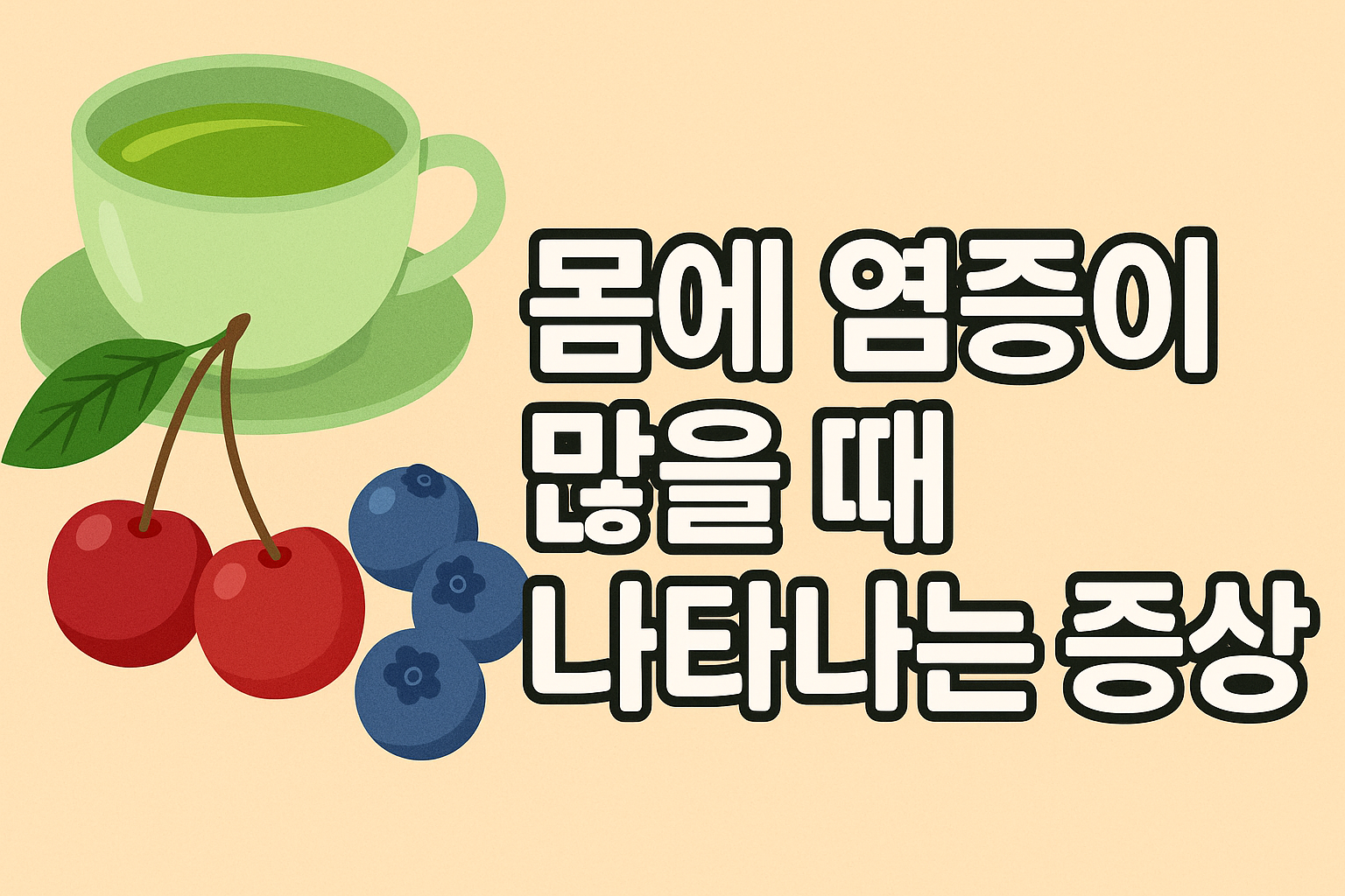 "몸에 염증이 많을 때 나타나는 증상"이라는 문구와 함께 그린 티, 체리, 블루베리 일러스트가 포함된 건강 관련 블로그 썸네일 이미지