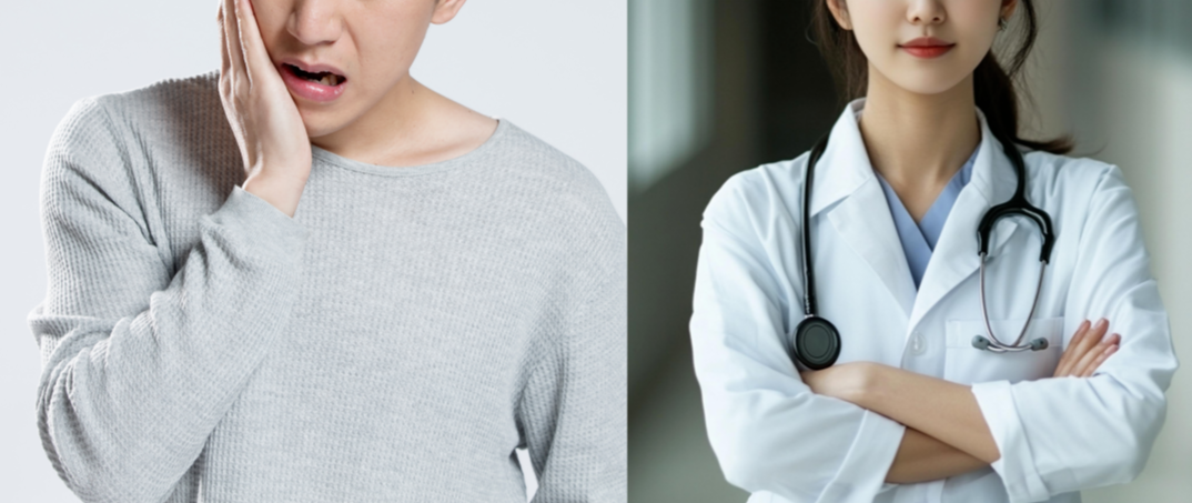 입을 아파하며 턱을 짚는 남성과 의료진의 모습 - 지속적인 입 냄새나 턱관절 무리로 병원 상담이 필요한 상황 표현