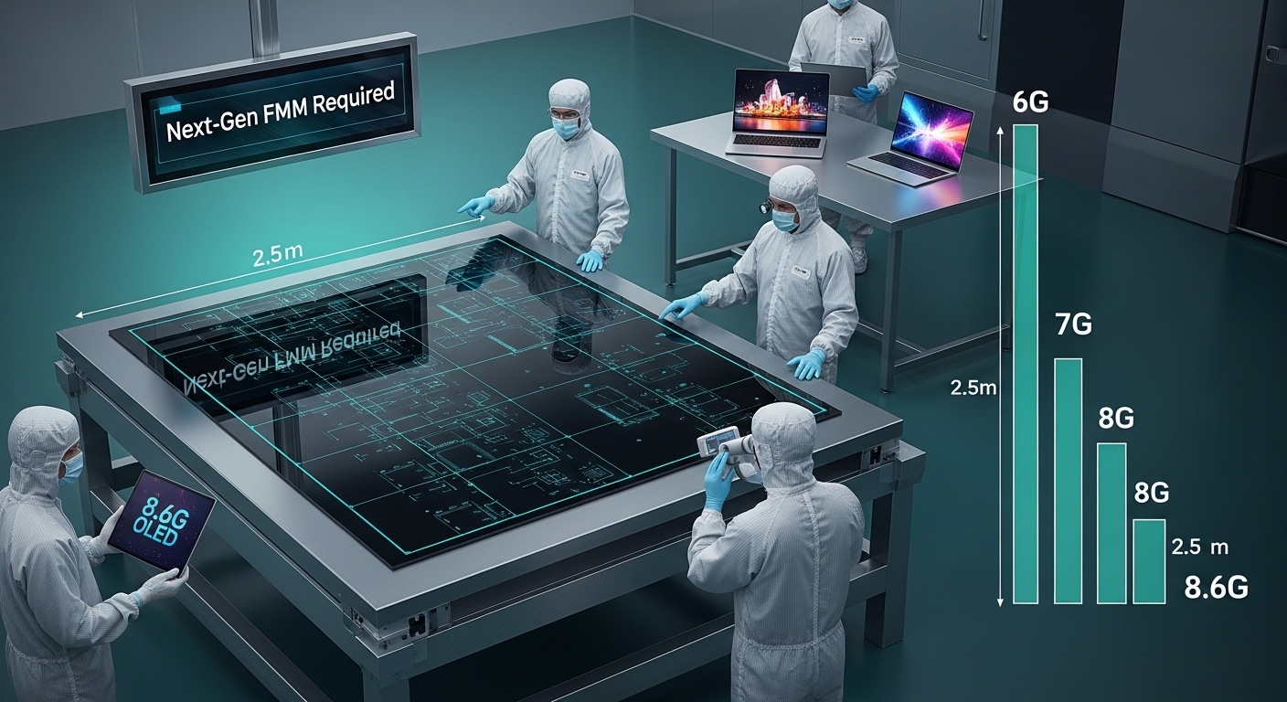 Futuristic next-generation OLED display technology concept. Large 8.6 generation OLED glass substrate in clean room environment. Engineers inspecting massive display panel. Substrate size comparison chart 6G to 8.6G. Laptop and tablet devices as end products. Teal color scheme, clean room aesthetic. English labels 8.6G OLED, Next-Gen FMM Required. No Korean text.