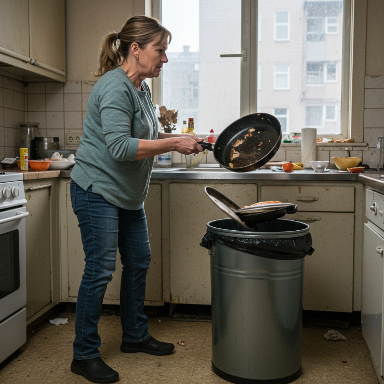 후라이팬을 버리고 있는 여성