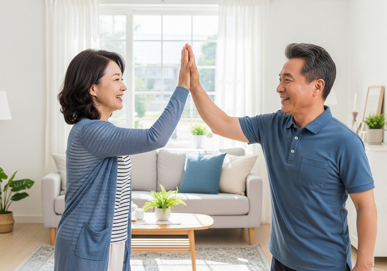 50대 부부가 작은 과제 완료 후 하이파이브