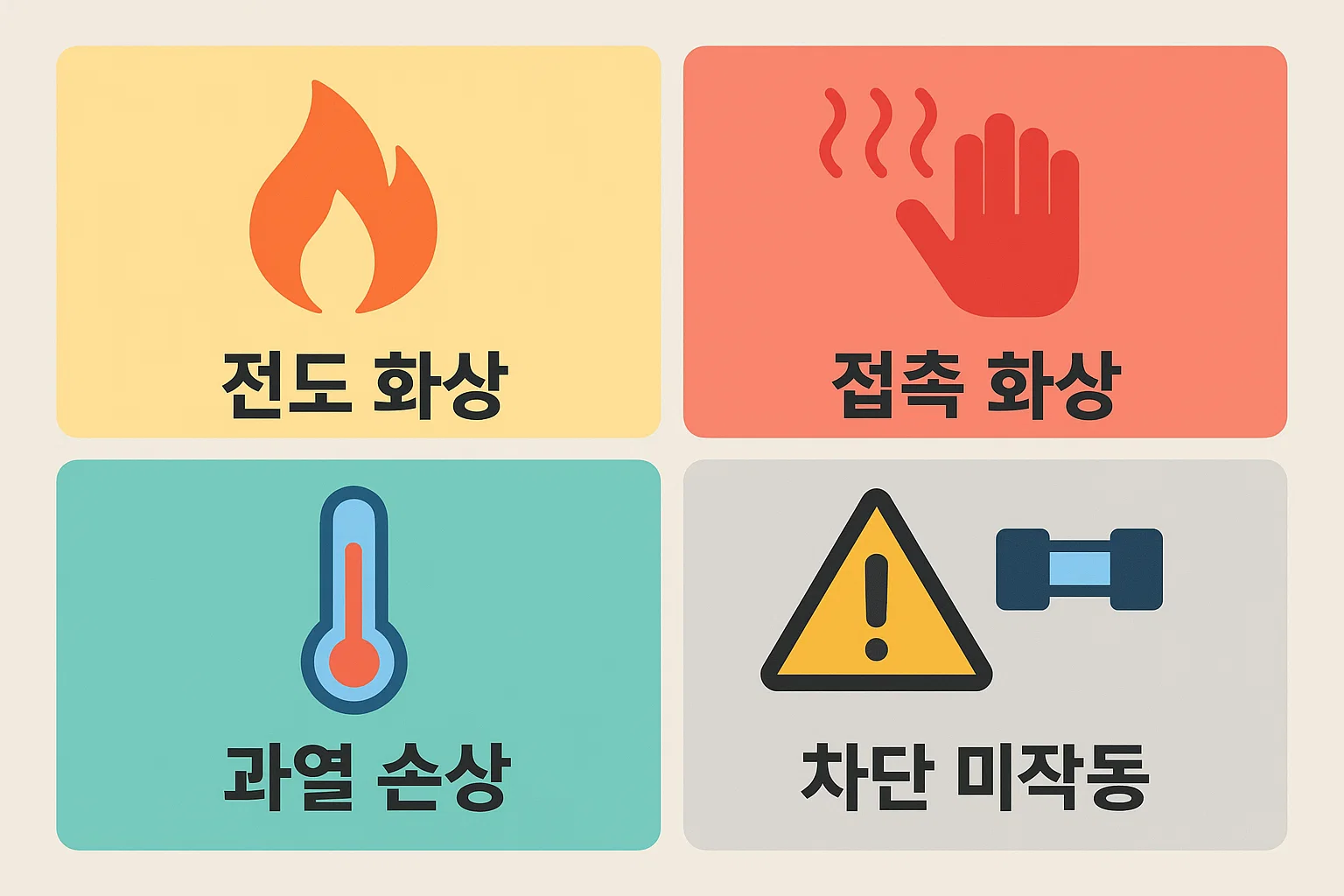 가열식 가습기 사고 사례에서 자주 발생하는 전도 화상, 접촉 화상, 과열 손상, 안전 차단 미작동 문제를 유형별로 구분해 설명한 사고 유형 정리 이미지입니다