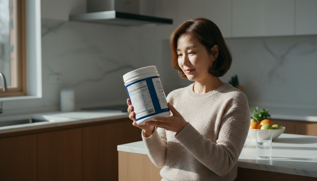 현대적인 주방에서 단백질 파우더 통의 뒷면 영양성분표를 꼼꼼히 읽고 있는 중년 한국 여성의 따뜻한 스냅 사진. 창문을 통해 들어오는 아침 햇살. 리얼리즘.