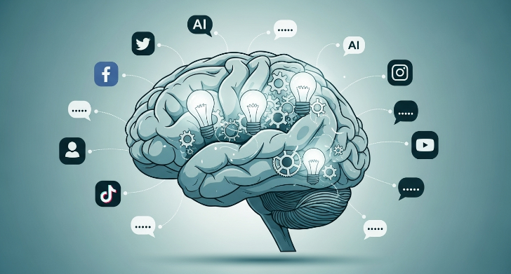 AI 도구를 활용하여 소셜 미디어 콘텐츠 아이디어를 생성하고 관리하는 과정을 시각적으로 표현한 일러스트.