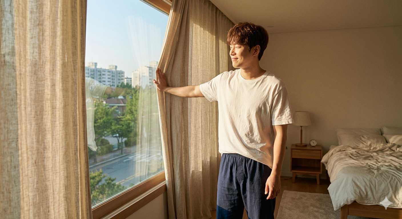 아침에 일어나자 마자 일어나서 커튼을 걷는 모습
