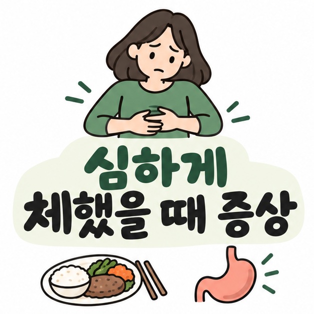 명치 부근을 잡은 사람과 위장 아이콘 옆에 심하게 체했을 때 증상이라는 제목이 크게 적힌 대표 썸네일