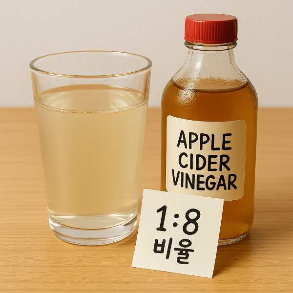 유리병의 애사비와 물에 희석된 애사비 한컵, 작은 메모지에 1:8 비율이라고 적힌 손글씨