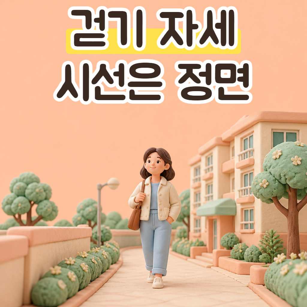 아파트 단지 산책길에서 고개를 들고 바르게 걷는 여성