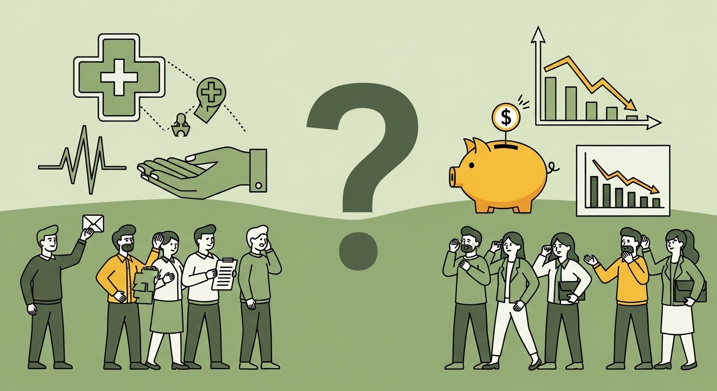 비만 치료제 건강보험 적용에 대한 찬반 논란을 시각화한 그림. 의료 접근성을 지지하는 그룹과 재정 부담을 우려하는 그룹이 마주 보고 있으며, 중앙에는 의문 부호가 있다.