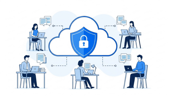 클라우드 기반의 안전한 데이터 백업 및 협업 시스템을 사용하는 작은 기업 팀원들의 모습