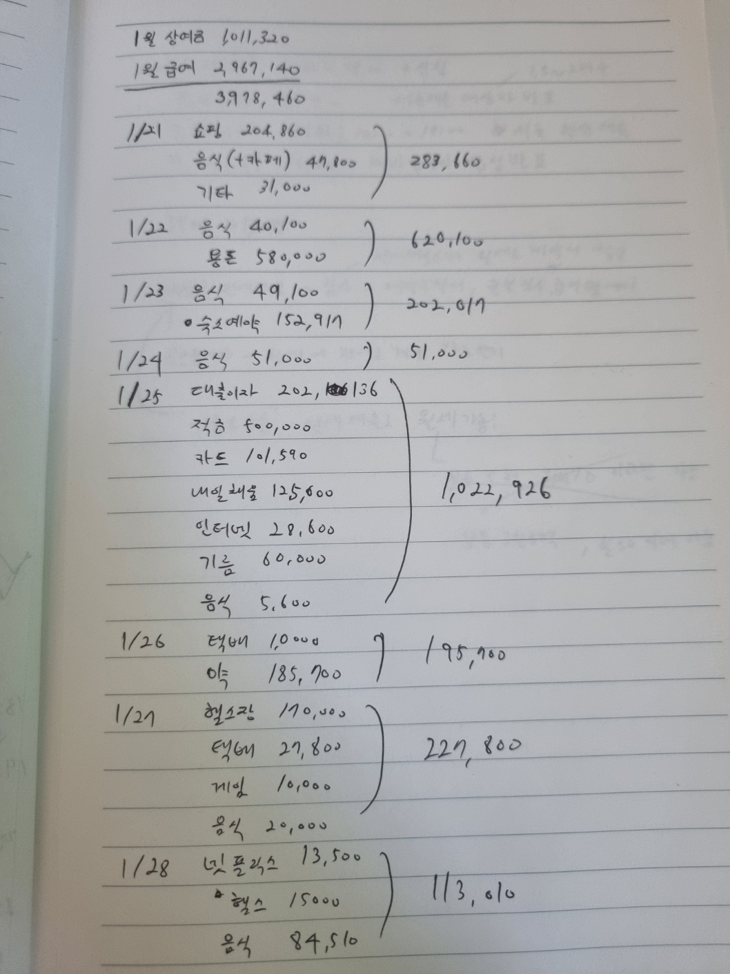 하루 단위로 소비내역 적어봤던 기록