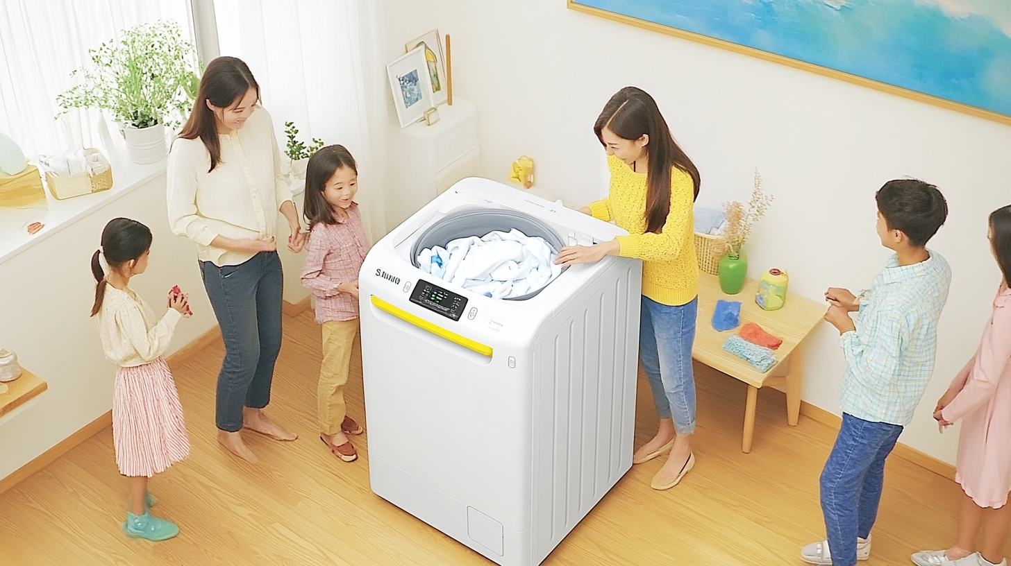 삼성 세탁기가 대가족의 일주일치 빨래를 효율적으로 관리하고 있는 모습입니다. 가족적인 분위기의 장면입니다.