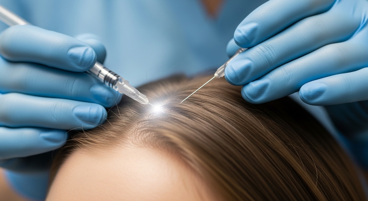 피부과 의사가 여성 두피에 메조테라피 또는 PRP 주사 시술을 하는 클로즈업 이미지. 전문적인 병원 치료를 상징합니다.