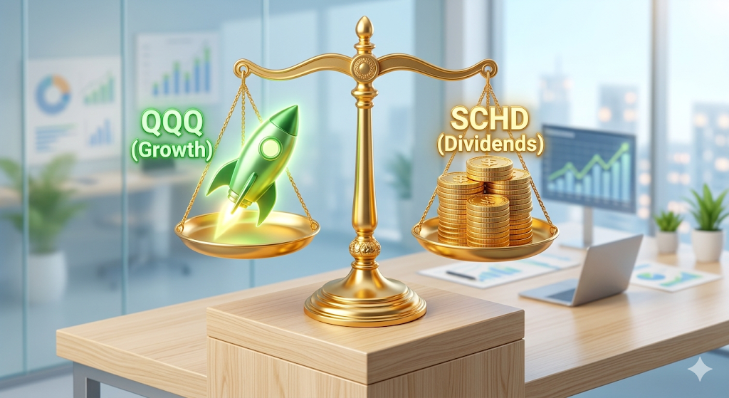 성장주(QQQ)와 배당주(SCHD)가 황금 저울 위에서 완벽한 균형을 이루는 그래픽