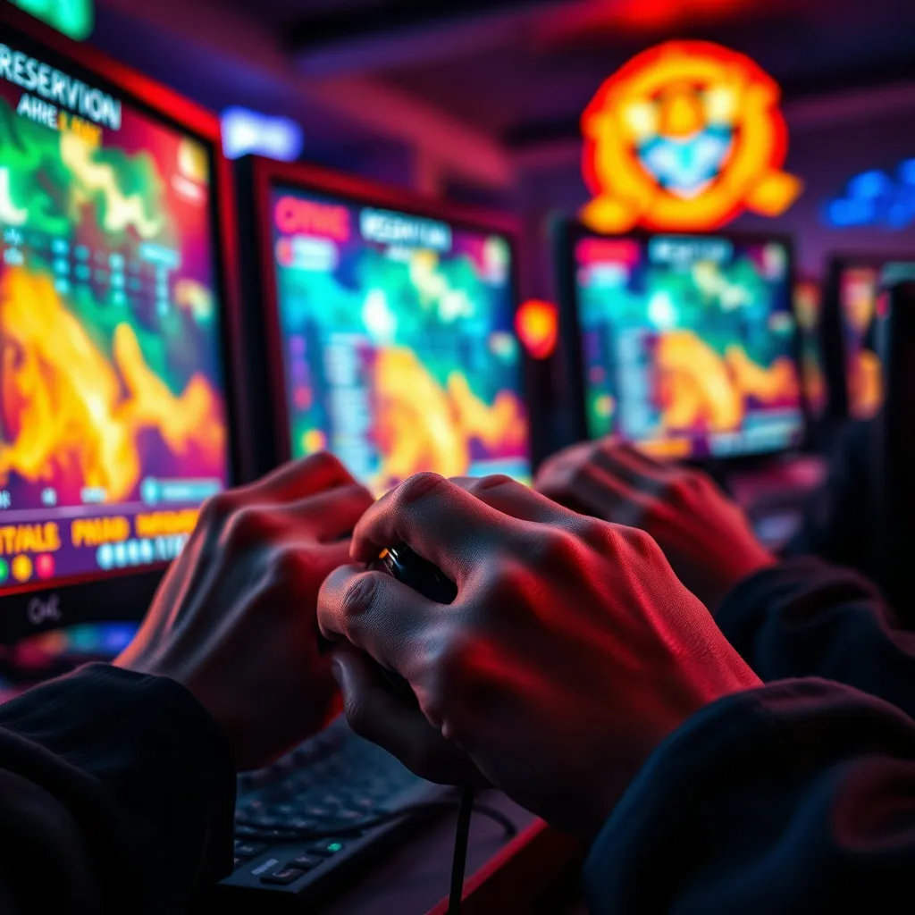 여러 대의 모니터가 빠르게 바뀌는 예매 화면을 보여주며, 긴장된 표정으로 마우스를 쥐고 집중하는 여러 손을 클로즈업합니다. 뒤편으로는 불이 켜진 다른 모니터들이 흐릿하게 보이게 하여 마치 PC방처럼 느껴지는 경쟁적인 상황을 연출합니다. 강렬한 색감과 역동적인 구도를 사용합니다.