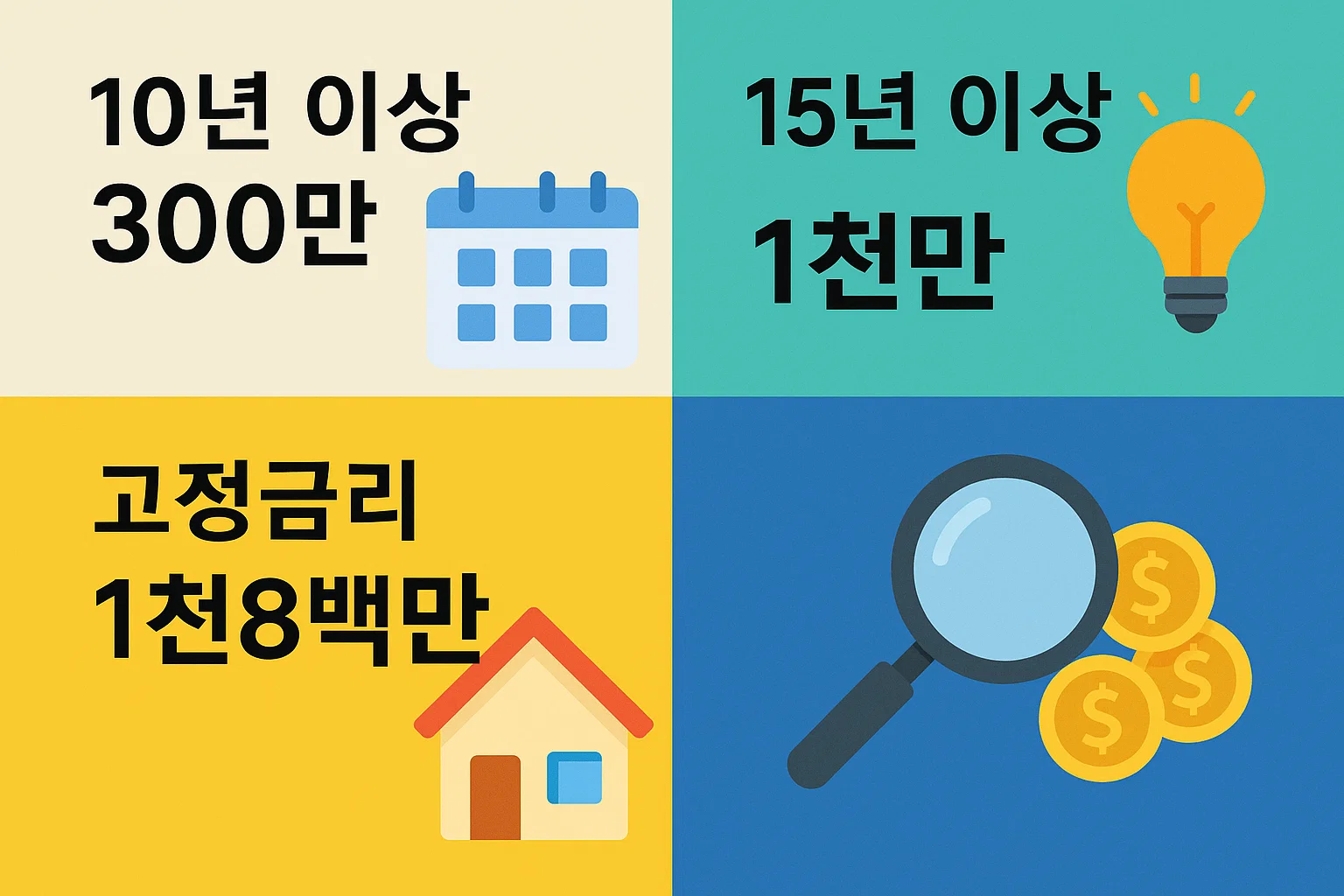 상환기간 10년&middot;15년 이상에 따른 연간 공제 한도 300만 원, 1천만 원, 1천8백만 원 차이를 쉽게 이해할 수 있도록 정리한 설명 이미지입니다