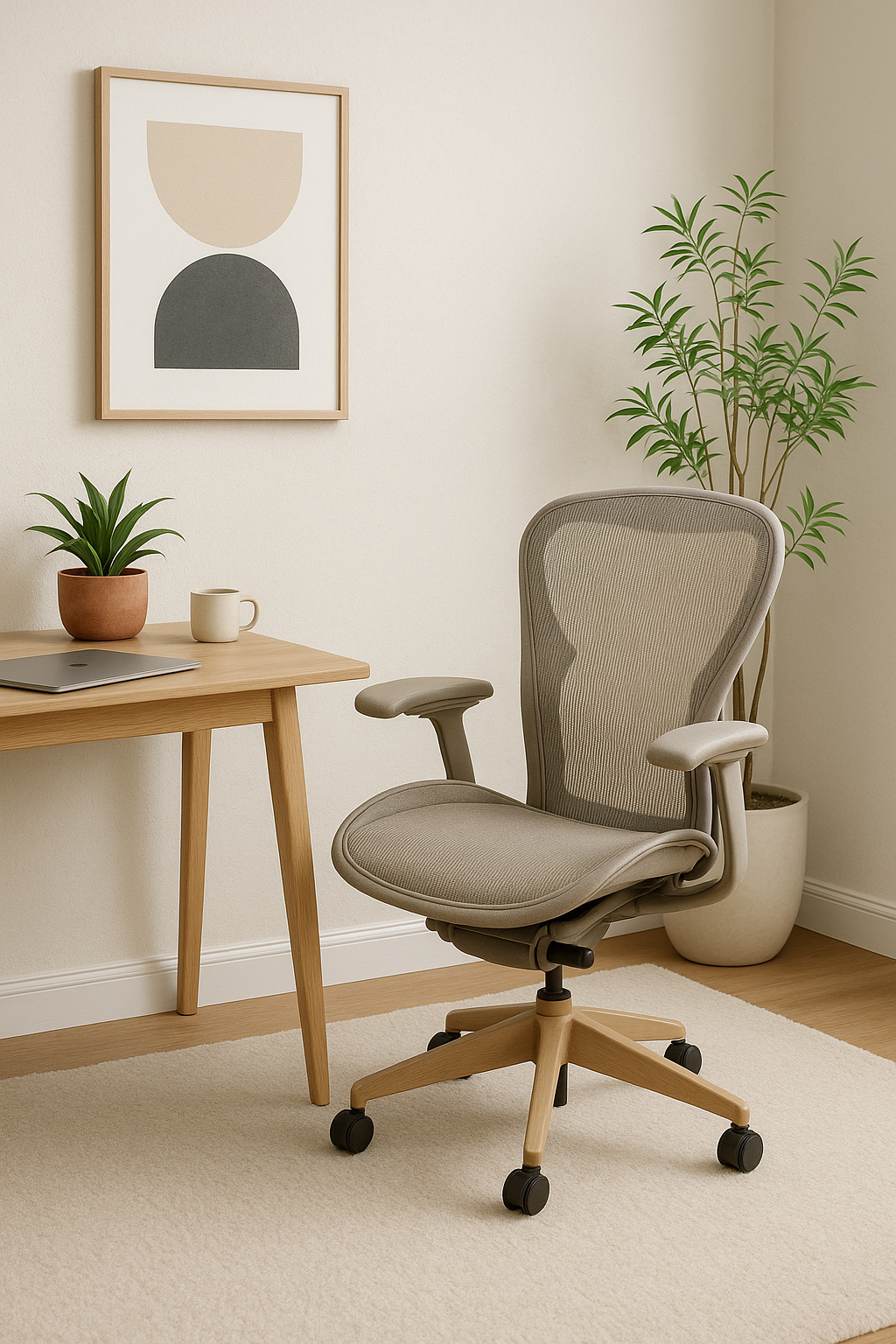 나무 책상과 액자, 화분이 있는 아늑한 홈오피스 공간에 배치된 메쉬 소재 인체공학 오피스체어.