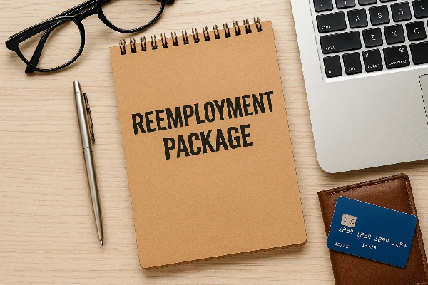 노트북, 안경, 펜, 지갑, 카드와 함께 놓인 ‘REEMPLOYMENT PACKAGE’ 노트가 책상 위에 깔끔하게 구성된 재취업 관련 상징 이미지, 텍스트 없음