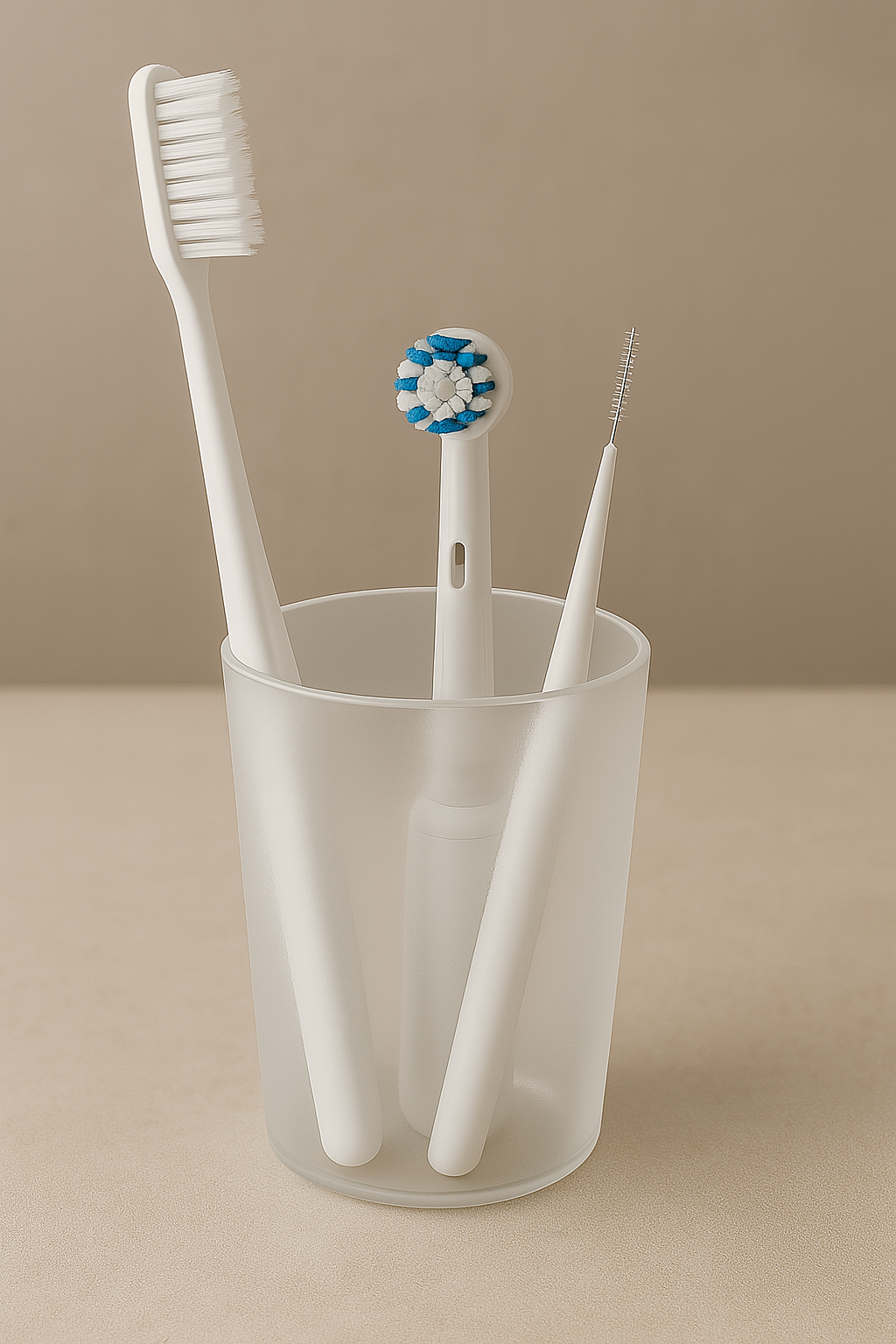 투명 컵에 일반칫솔, 전동칫솔, 치간칫솔이 각각 위생적으로 세워져 있는 모습