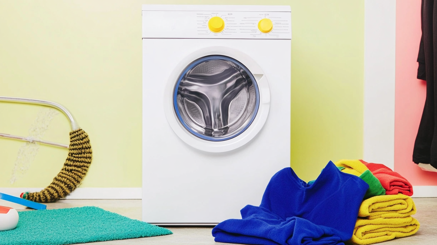 운동복이 옆에 놓인 땀과 냄새 제거 기능이 탁월한 세탁기로, 청결함과 신선함을 강조한 역동적인 장면