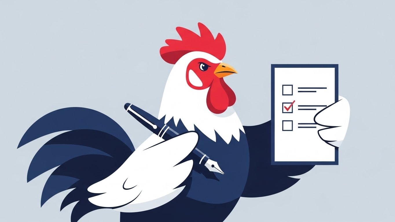 체크리스트를 활용해 하루를 정교하게 계획하고 성공적으로 마무리하는 전문가 느낌의 닭띠 일러스트