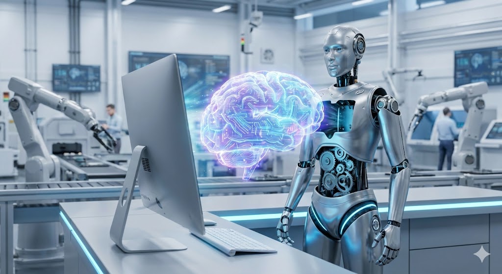 컴퓨터 화면 속에 있던 AI 뇌가 밖으로 나와, 튼튼한 로봇 몸체와 결합하여 공장을 힘차게 걸어 나가는 모습