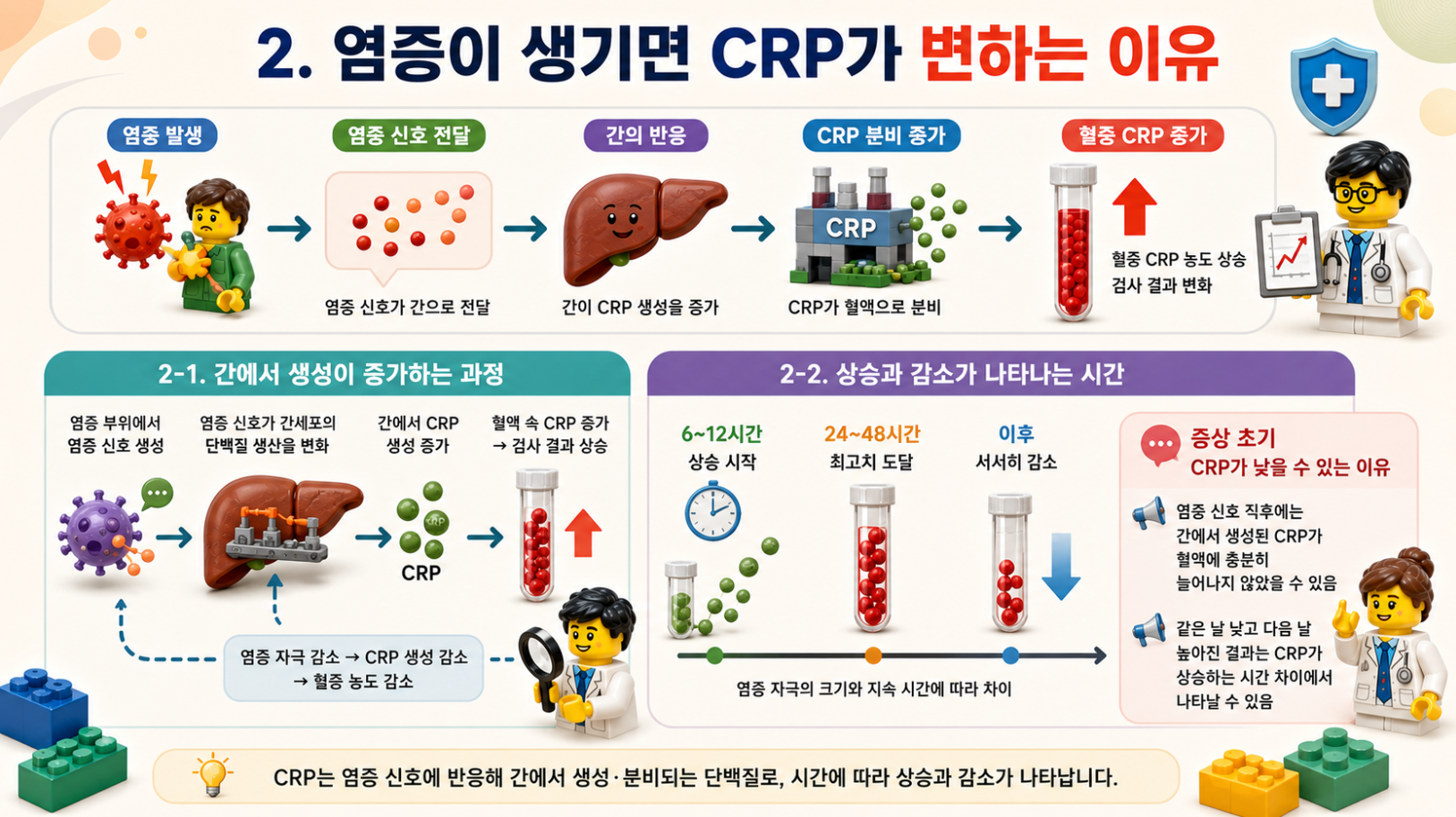 감염, 염증성 질환, 조직 손상에서 CRP 검사를 시행하는 이유와 반복검사로 변화 방향을 확인하는 과정을 설명하는 레고 스타일 메디컬 인포그래픽