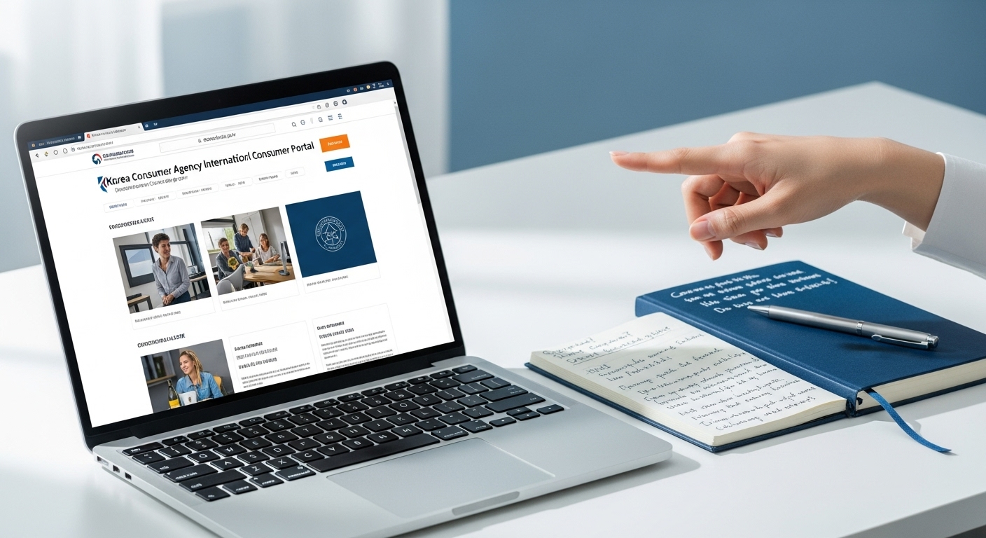 한국소비자원 국제거래 소비자 포털 웹사이트를 보며 해외직구 피해 접수를 준비하는 모습.