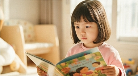 딸이 그림책을 보며 무언가 생각하는 표정