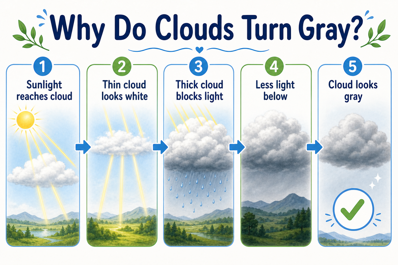 Infographic explaining why clouds turn gray